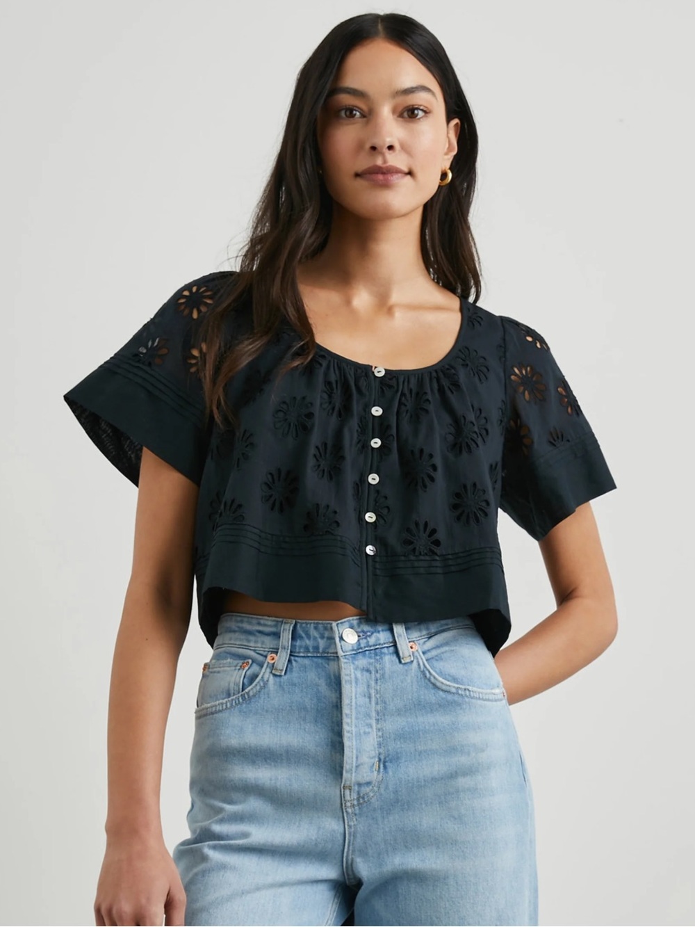 Rails Bambina Black Eyelet Button-Front Crop Top